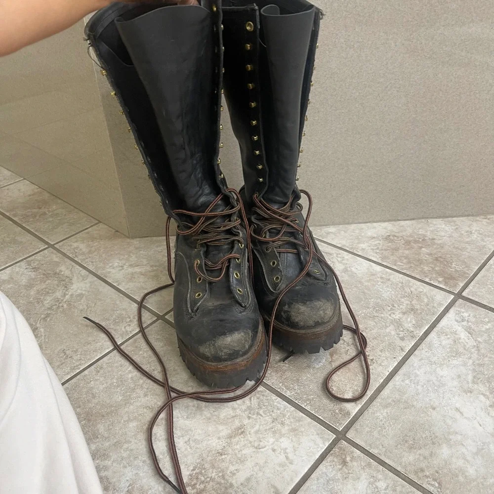 Hoffman lineman Boots Mens Black Leather Tall Logger Work boots size 9.5D
